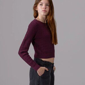 New! IKKS 10 Raspberry Decorative Cable Knit Sweater Long Sleeve Cropped